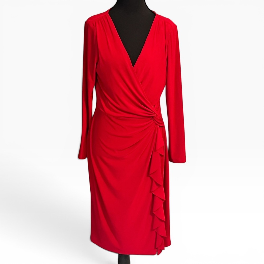 Lauren Ralph Lauren Red Ruched Ruffle Sheath Dress Long Sleeve Size 10 Stretch - Picture 2 of 11